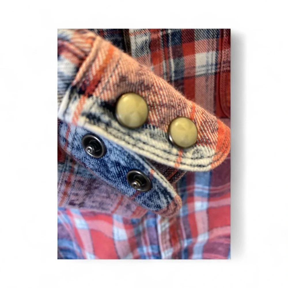 🔥 Lucky Brand Plaid Flannel Shirt Red Blue Snap Western Medium - Picture 4 of 7